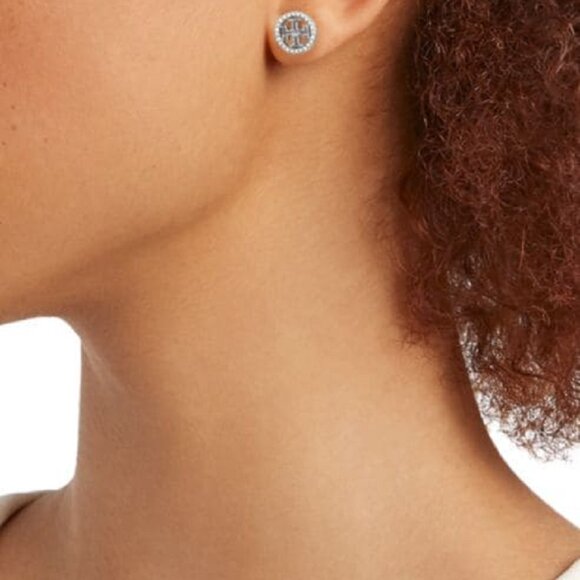Tory Burch Silver Stud Crystal Circle Logo Earrings - Picture 2 of 6
